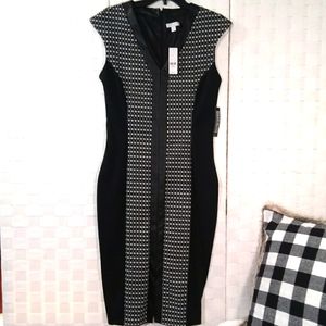 New York & Company Stretch  black and white panel dress with faux leather accent